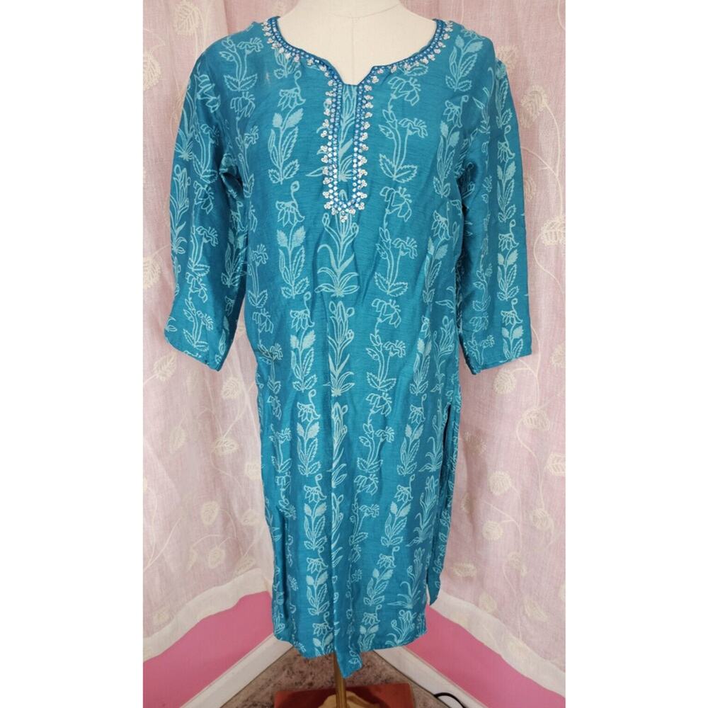 Taruni Indian Turquoise Sequin Muslin Beaded Printed Kurta‎ Kurti Top Tunic S